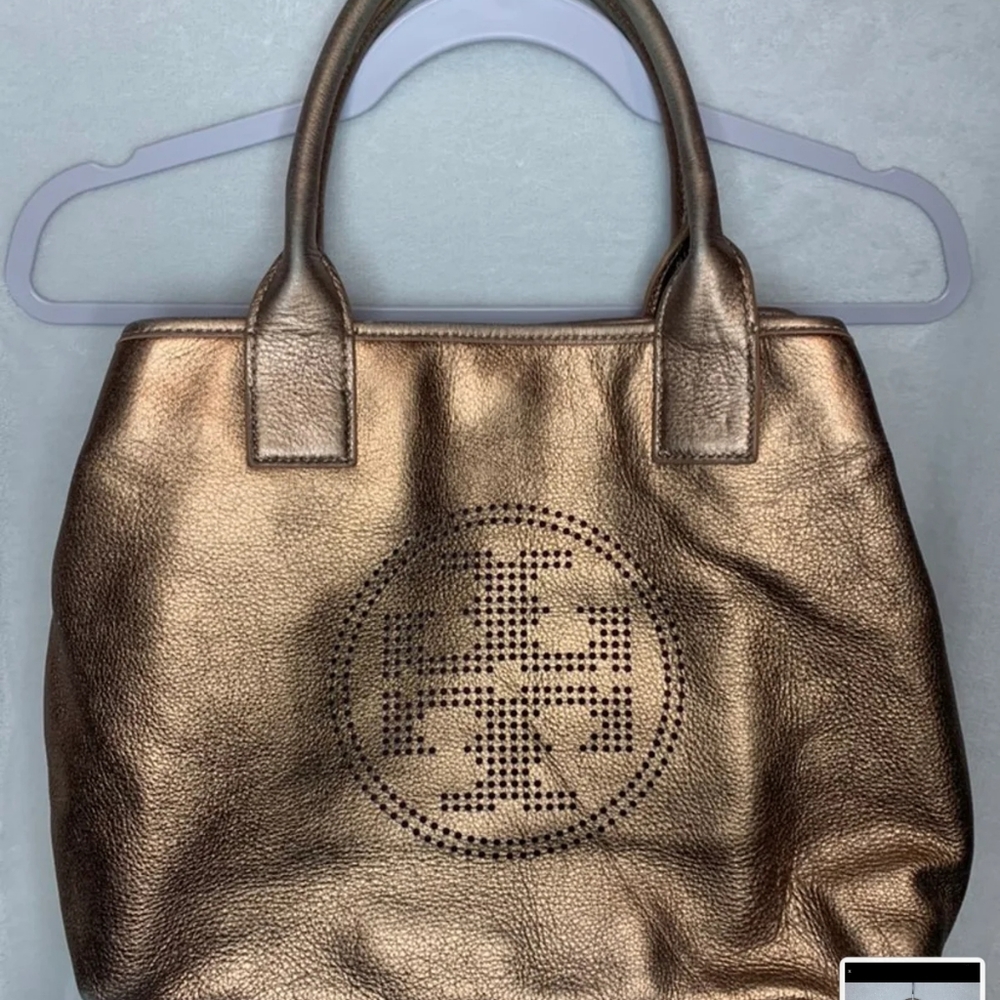 TORY BURCH METALIC BRONZE LEATHER LOGO STATEMENT HANDBAG - Picture 1 of 4